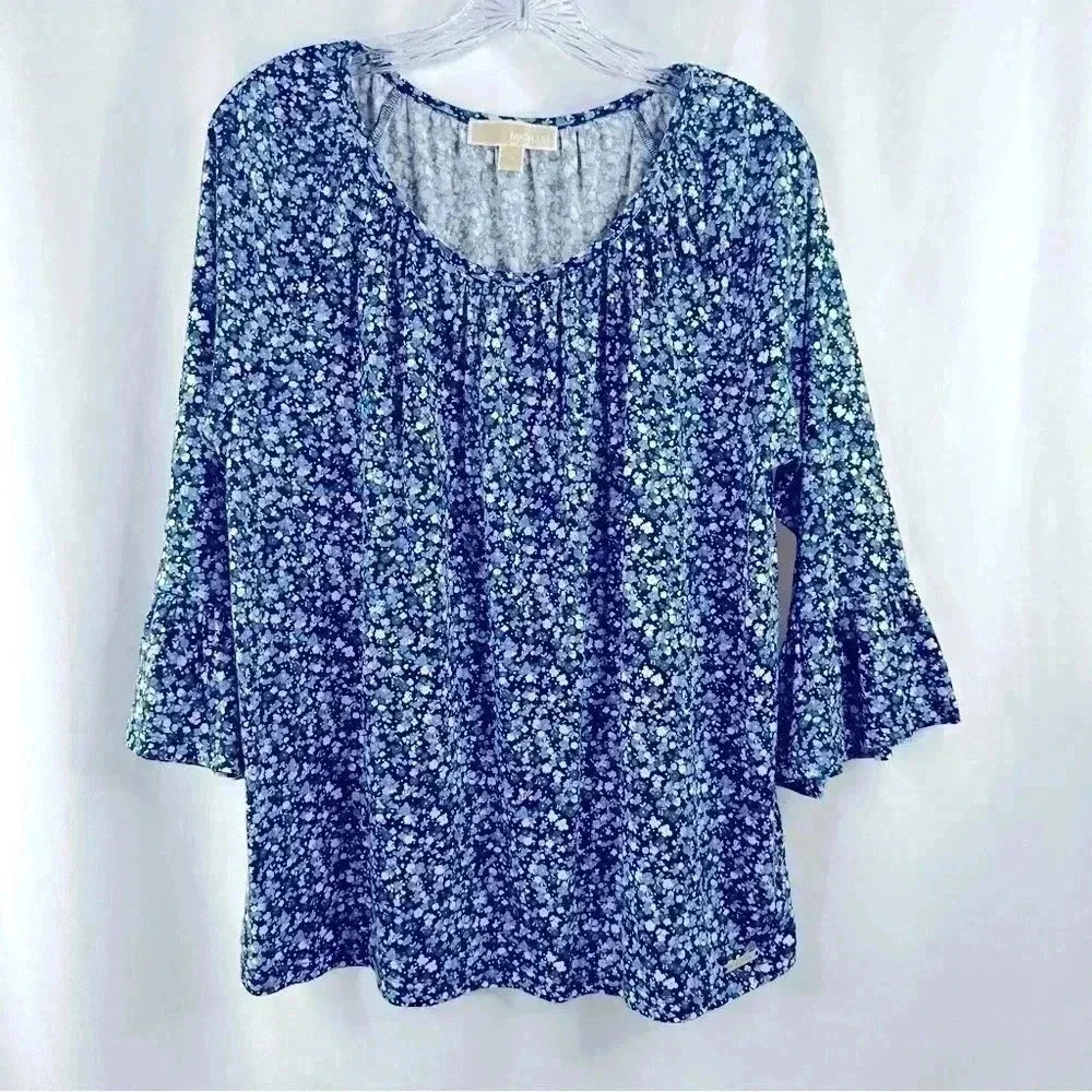 Michael Kors 3/4 Bell Sleeve Ditsy Flowers Cotton/Modal Blouse Relaxed Fit Sz M